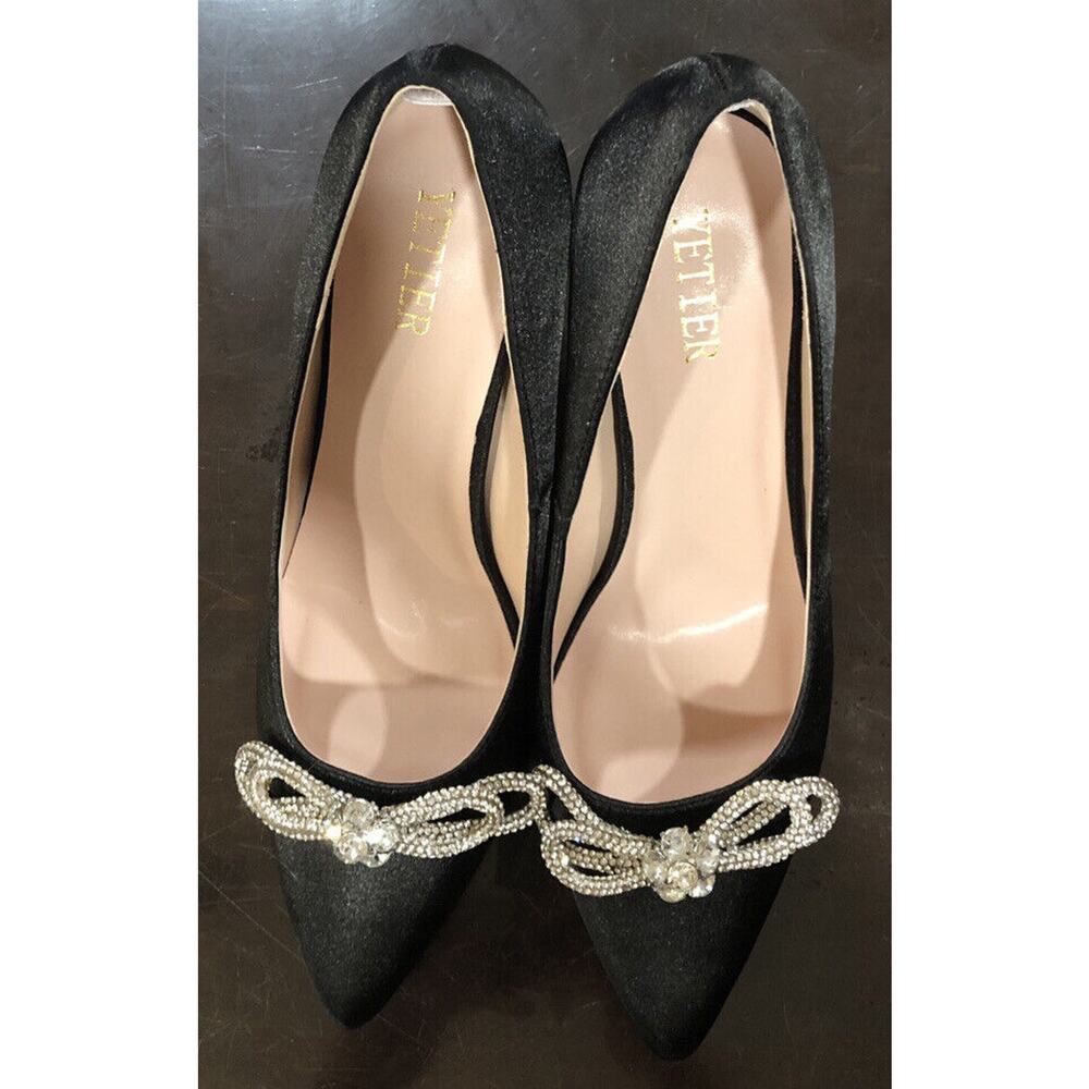 Black High Heels 9 Rhinestone Bow Stiletto Pointed Toe Satin Pumps Dress Shoes
